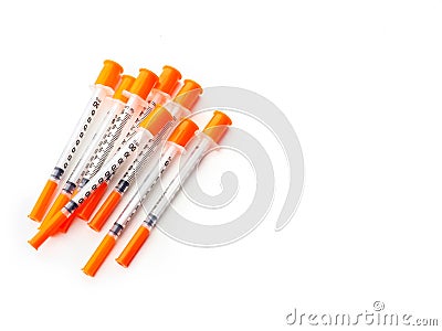 Several insulin syringes for for injection white isolated background Stock Photo