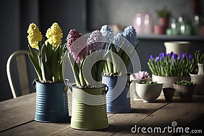 Several iron multicolored pots with a variety of flowering hyacinths stand on the table on kitchen Stock Photo