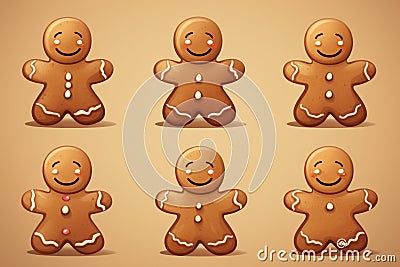 Several isolated gingerbread cookies with wintry glazes and smiles, evoking holiday spirit, six pastry presented against Stock Photo