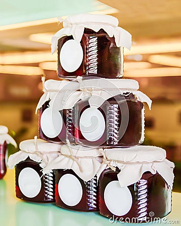 Several jars of jam prepared for sale Stock Photo