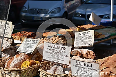 Several kinds of Italian regional bread on sale. Stock Photo