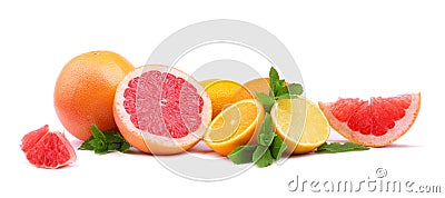 Several kinds of multi-colorful, whole and cut citrus fruits isolated on white background. Organic lemons, grapefruits and oranges Stock Photo