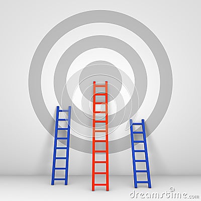 Several ladders leaning against the wall with target. Stock Photo