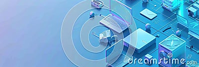 Several laptops arranged on a blue surface, isometric computer icons. Copy space for computer service or tech repair Stock Photo