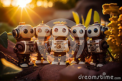 Several little cute robots in the grass. AI generated Stock Photo