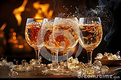 Several long-stemmed glasses filled with amber-colored beverages are placed on a wooden table with a blurry bonfire in the Stock Photo