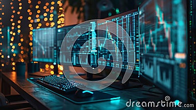 Multiple Computer Monitors Displaying Real Time Financial Data in a Dark Room Illuminated by Ambient Lights at Night Stock Photo