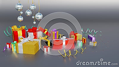 Several Multicolored gifts with shiny ribbons and many tiny star Stock Photo