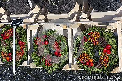 Several new years wreathes with cones Stock Photo