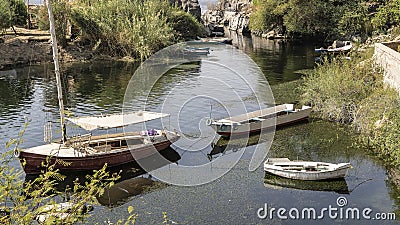 Several old wooden boats are standing on a calm river backwater Stock Photo