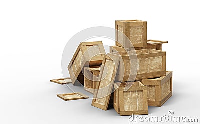 Several opened wood transport box with different size put in a mess on the floor Stock Photo