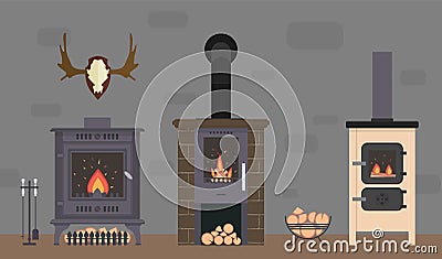 Several ovens and accessories to them. Stone and brick classical and modern fireplaces. Stock Photo