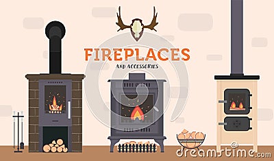 Several ovens and accessories to them. Stone and brick classical and modern fireplaces. Vector Illustration