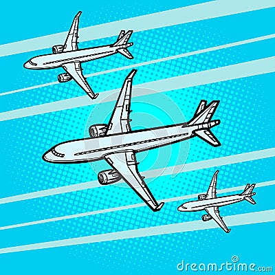 Several passenger Airliners aircraft air transport Vector Illustration