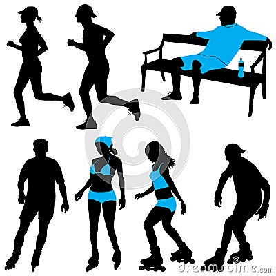 Several people in city park - silhouettes Vector Illustration