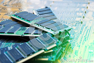 Several pieces of strips of memory modules. Ddr and sdram storage. Computer texture technology. RAM on the background of the Stock Photo