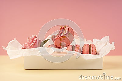 Several pink macaroons cakes one of which is bitten are placed i Stock Photo