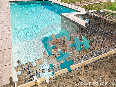 Puzzle Pieces Fitting Together Revealing Finished Pool Build Over Construction Stock Photo