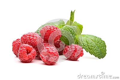 Several raspberries with fresh mint Stock Photo