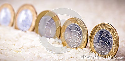 Several real coins on a pile of white rice, concept of Brazilian economy and agribusiness Stock Photo