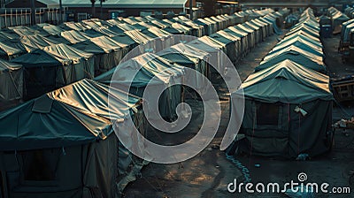 Several rows of tents are lined up in a field in the refugee camp. All tents are the same color. Helping defenseless people Stock Photo