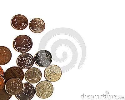 Several Russian coins lie on a white isolated background. Shiny Russian metal money. Place for text Editorial Stock Photo
