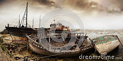 Wreck of old fishing boats Stock Photo