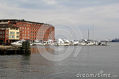 Several sailing vessels and old architecture, Fells Point, Maryland,2015 Editorial Stock Photo