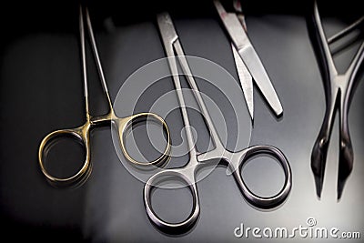 Several scissors operating theater aligned Stock Photo