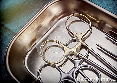 Several scissors for surgery in operating room of a hospital Stock Photo