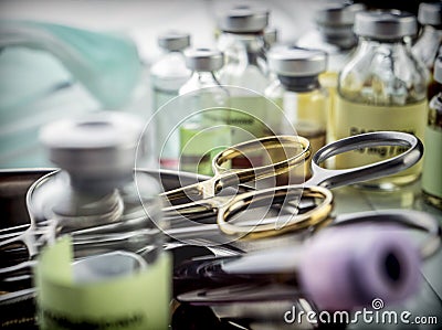 Several scissors of suture and syringes in an operating theater Stock Photo