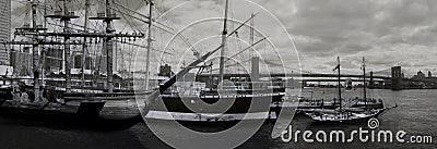 Several ships on pier on East River Stock Photo