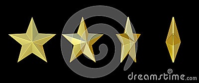 3d rendering. several side view of Golden star with clipping path collection set isolated on black background Stock Photo