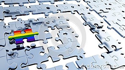 Several silver puzzle pieces placed soon with a Rainbow piece between them Stock Photo