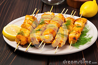 several skewered fish fillets coated in a rich marinade Stock Photo