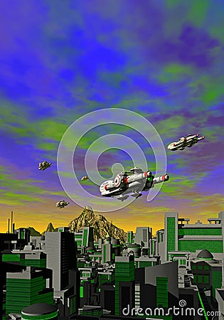 Several spaceships over a futuristic city Cartoon Illustration