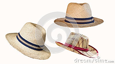Several straw hats separated from the white Stock Photo