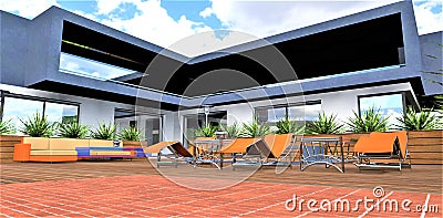 Several sun loungers on the wooden flooring in the yard of the suburban elite house. 3d rendering Stock Photo