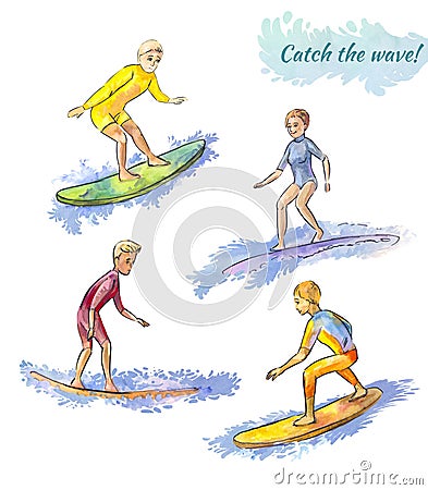 Several surfers on the boards. Surfing competitions. Youth sport. Character set isolated on white Stock Photo