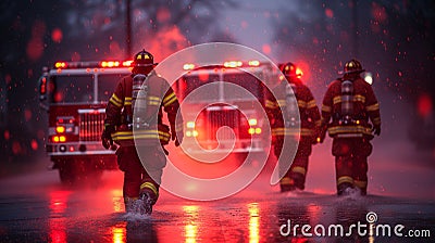 Several teams of firefighters in protective suits extinguished the fire, the guys return to their cars Stock Photo