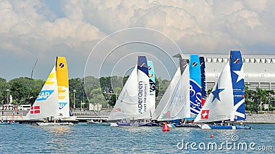 Several teams preparing for race start at Extreme Sailing Series Singapore 2013 Editorial Stock Photo