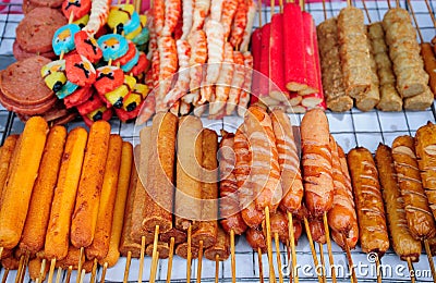 Several Thai sausage with bamboo stick Stock Photo
