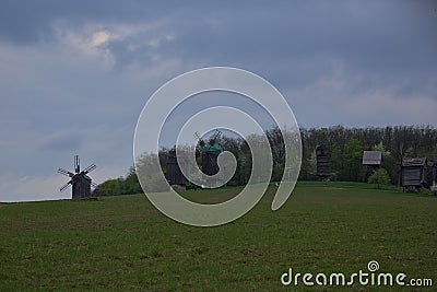 Several traditional Ukrainian windmills Stock Photo