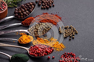 Several types of spices in metal spoons paprika, tomatoes, curry, beets, cumin, turmeric, fennel, spirulina Stock Photo