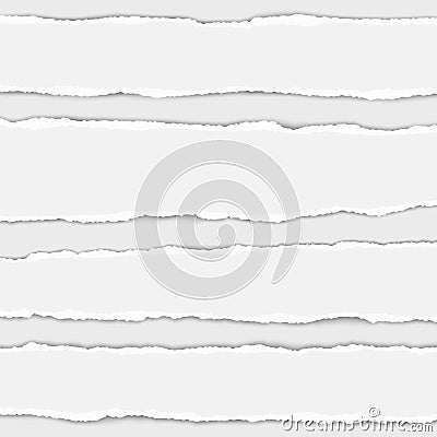 Several vector torn white paper stripes with shadow placed on white background. Realistic ripped paper pieces Vector Illustration