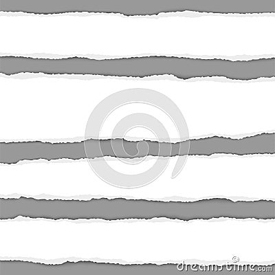 Several vector torn white paper stripes with shadow placed on gray background. Realistic ripped paper pieces Vector Illustration