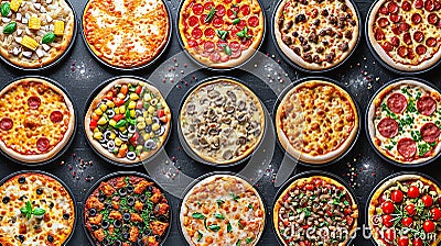 Several very small mini pizzas, symmetrical ordered food, as a template, top view Stock Photo