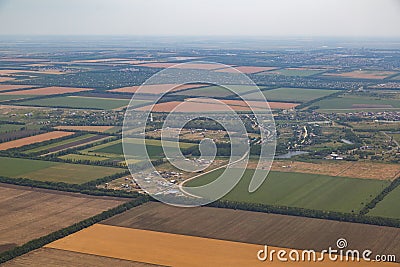 Several villages, a river, fields sown with wheat from a bird`s eye view Stock Photo