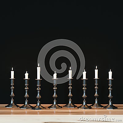 Several vintage candlesticks on wooden nightstand Stock Photo