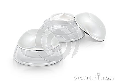 Several white rounded cosmetic jar Stock Photo